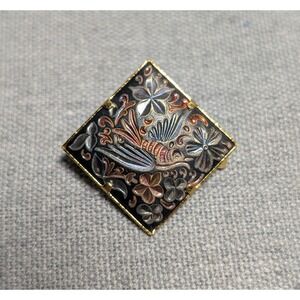Vintage Spanish Damascene Square Bird Floral Brooch Lapel Pin Flowers Pronged